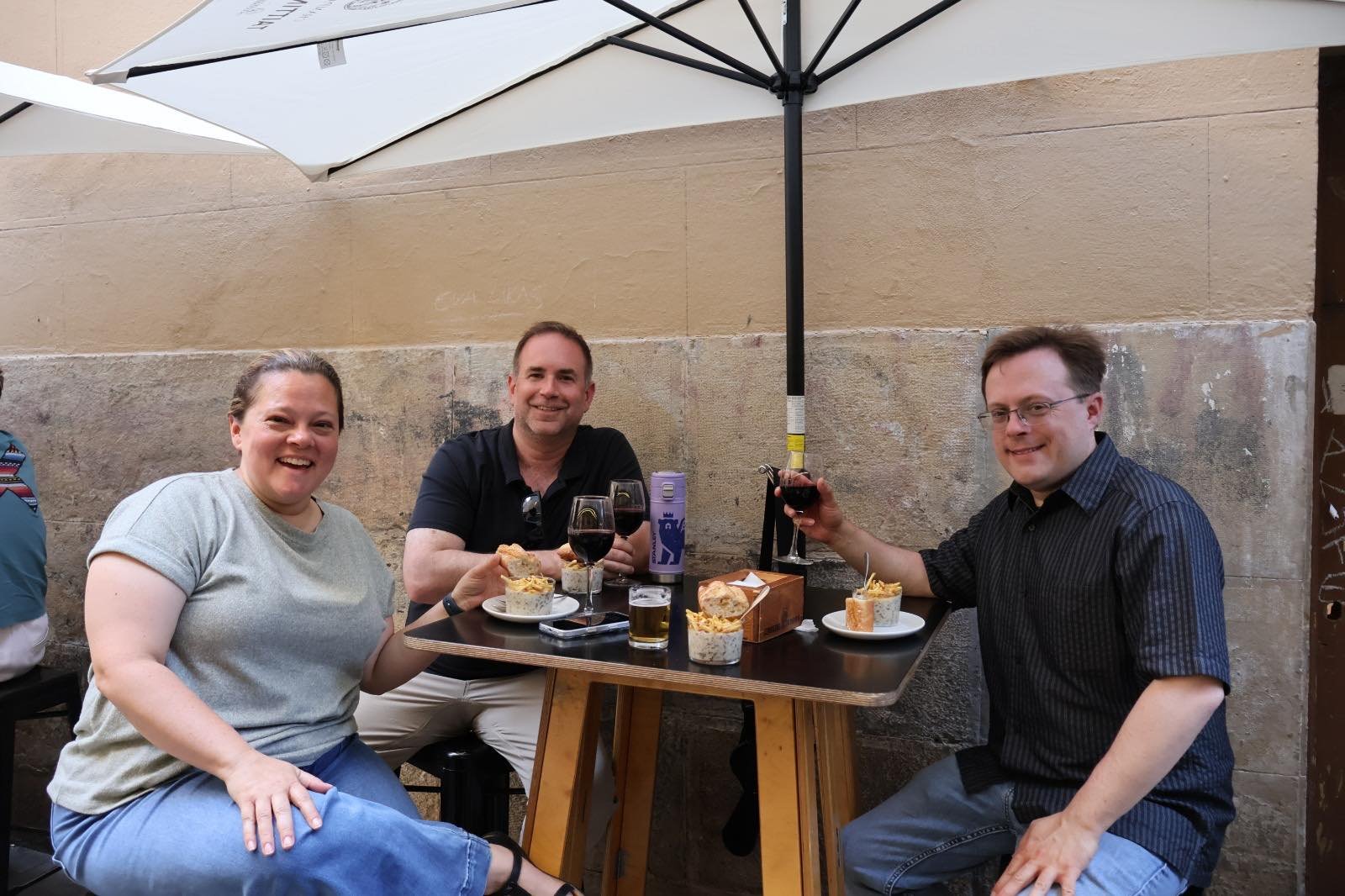 A group at an outdoor terrace in Pamplona's Old Town