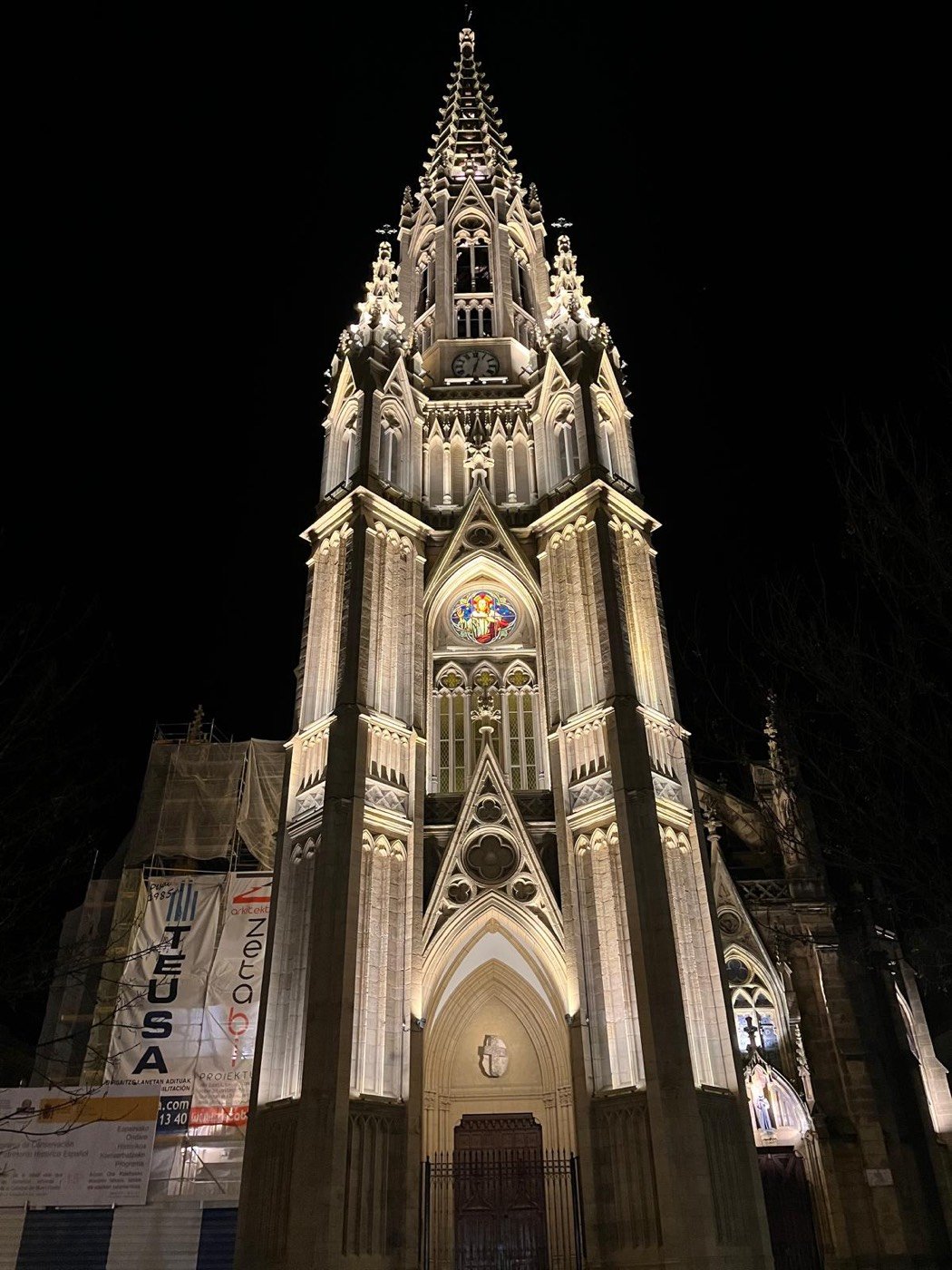 Buen Pastor Cathedral illuminated at night, near the Old Town
